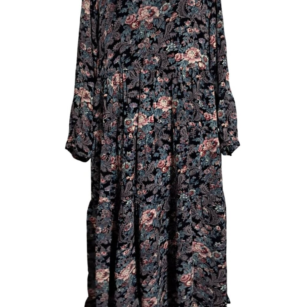 Vintage Nostalgia Floral Tiered Boho Maxi Midi Dress M Black Multicolor Gauzy 10 - Picture 3 of 16
